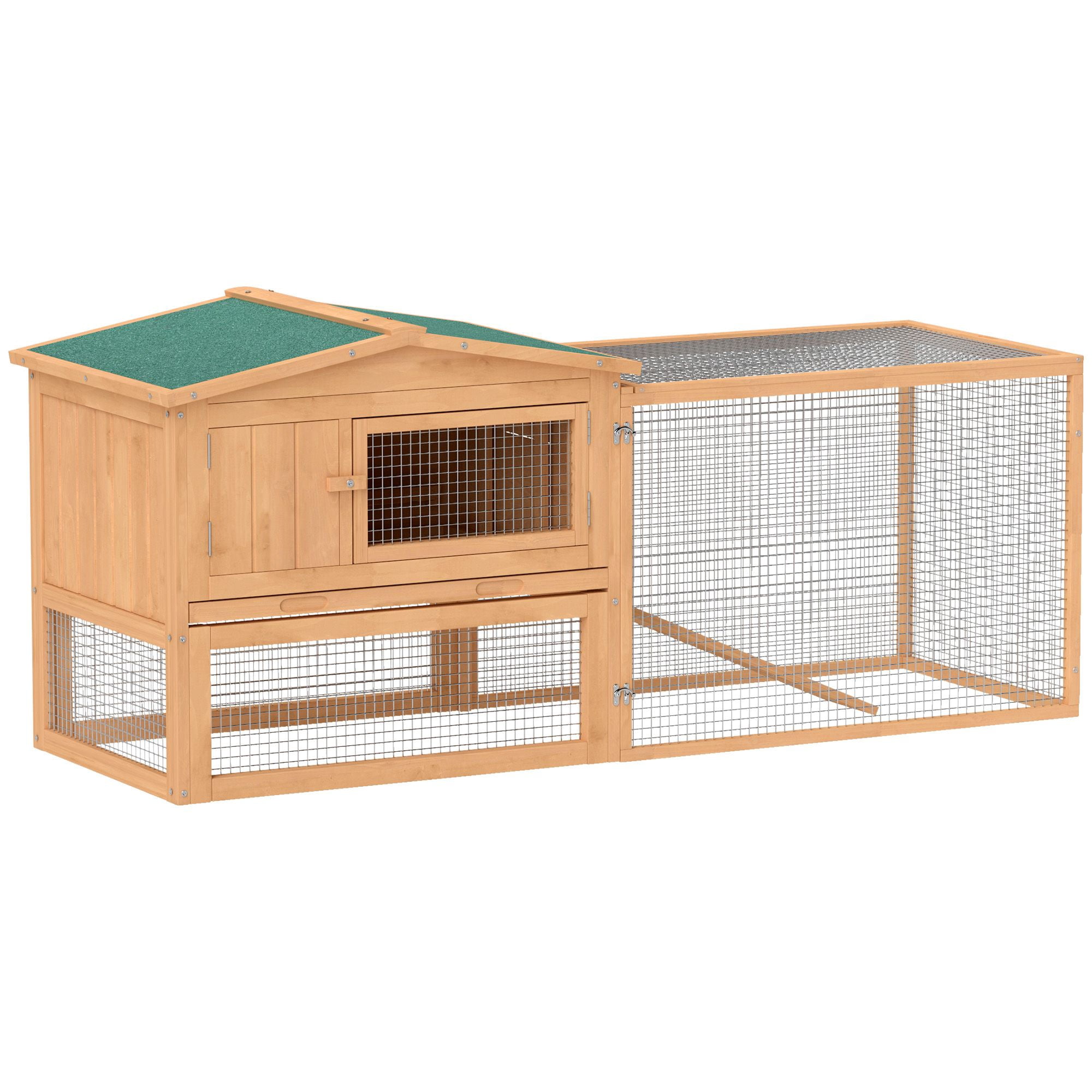 Rabbit Hutch with Outdoor Run, Fir Wood Small Animal Cage with Asphalt Roof and Removable Tray, Natural Wood, 62.2 x 22.8 x 26.8 in