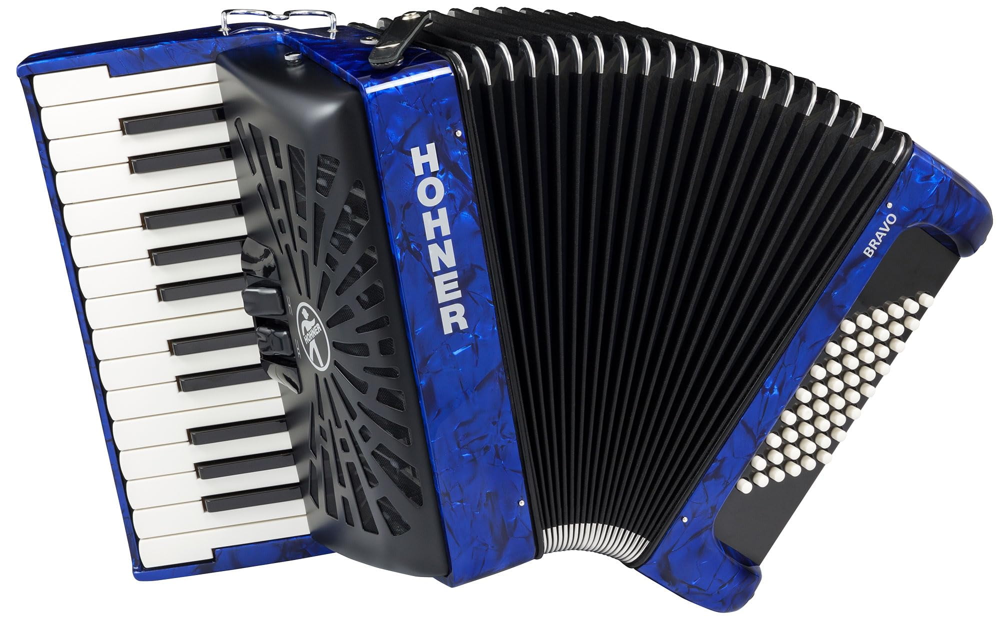 Hohner Bravo II 48 Chromatic Piano Key Accordion - Blue Bundle with Hard Case, Gig Bag, Adjustable Straps, and Austin Bazaar Polishing cloth