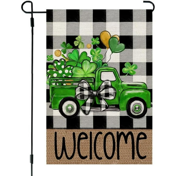 Shmbada St Patricks Day Shamrocks Truck Garden Flag 12x18 Inch Double Sided for Outside Small Burlap Buffalo Plaid Welcome Holiday Yard Flag