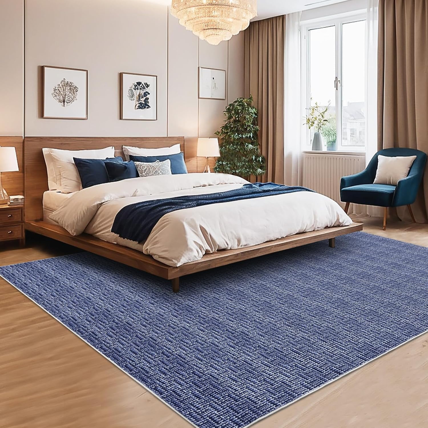 Tzou Washable Area Rugs 9x12 for Living Room, Low Pile Braid Print Indoor Carpet with Non-Slip Backing for Home Office(Blue)