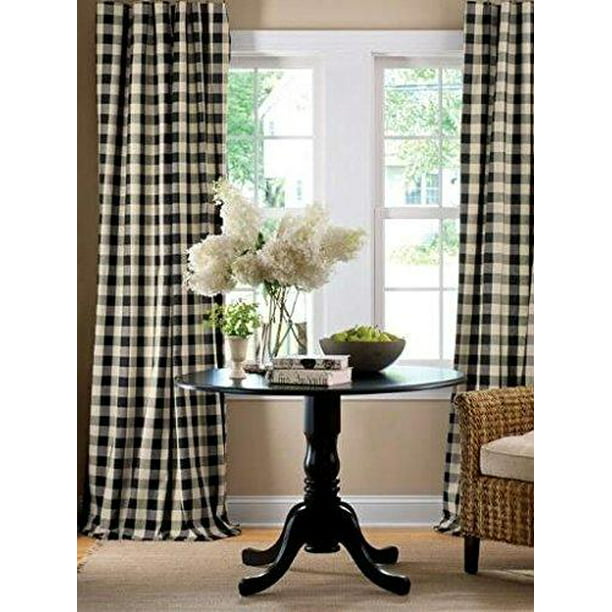 Poplin Gingham Checkered Window Curtain 56 Inch Wide Black and White