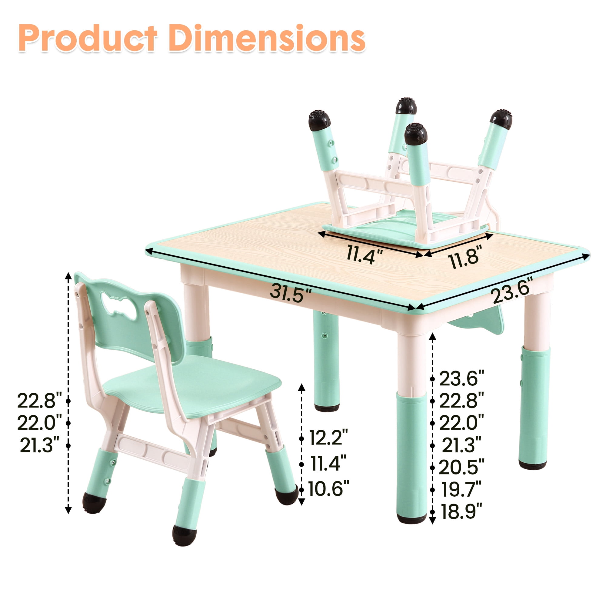 Accreate Kids Table and Chairs Set, 80x60cm Multi-Functional Toddler Furniture for Learning, Play, Arts & Crafts, Easy to Wipe Arts & Crafts Table with 4 Chairs for Classroom/Home