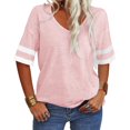 thumbnail image 2 of Stripe Sleeved Women Summer Casual V-neck T-shirt Loose Simple Tops, 2 of 6