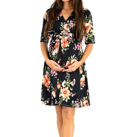 

Pregnant Maternity Dresses Summer Women Polka Dot/Floral Print Pregnant Clothes Short Sleeve with Adjustable Waist Strap XL Black Flower Color