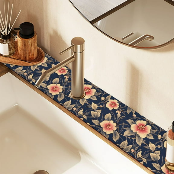 Faucet Mat for Kitchen Sink 30'' Sink Splash Guard Mat Super Absorbent Fast Drying Drain Pad Luxury Flower and Leaf 2 Pack