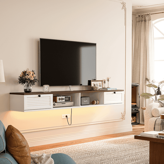 ​​FloatiCasa 47" Floating TV Stand Wall Mounted Entertainment Center for TVs up to 50" Media Console with Storage Modern Flip-Door Design with Cable Management (Walnut & White)​​