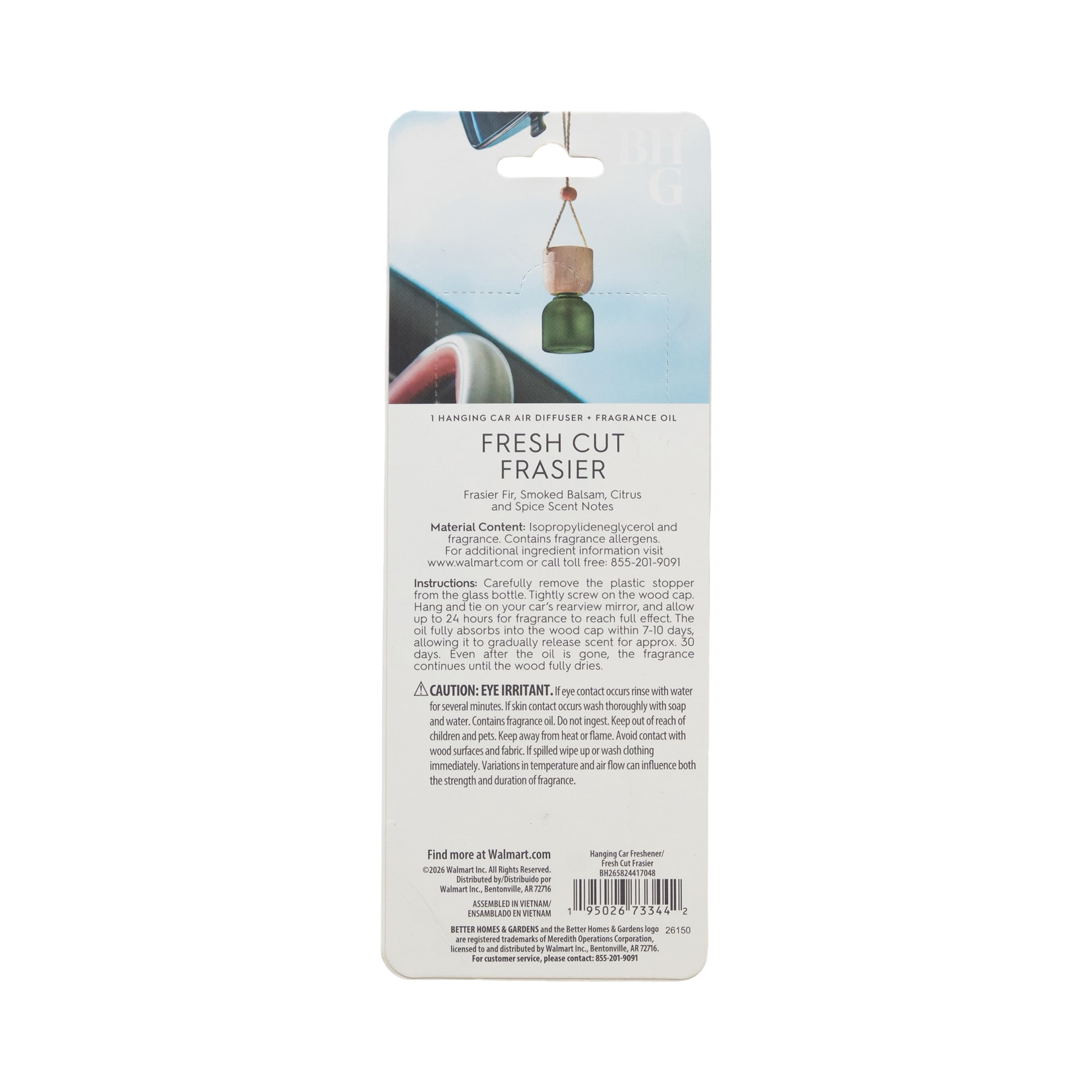 Better Homes & Gardens Fresh Cut Frasier Scented Hanging Car Diffuser, 0.3 Fl (8 mL)