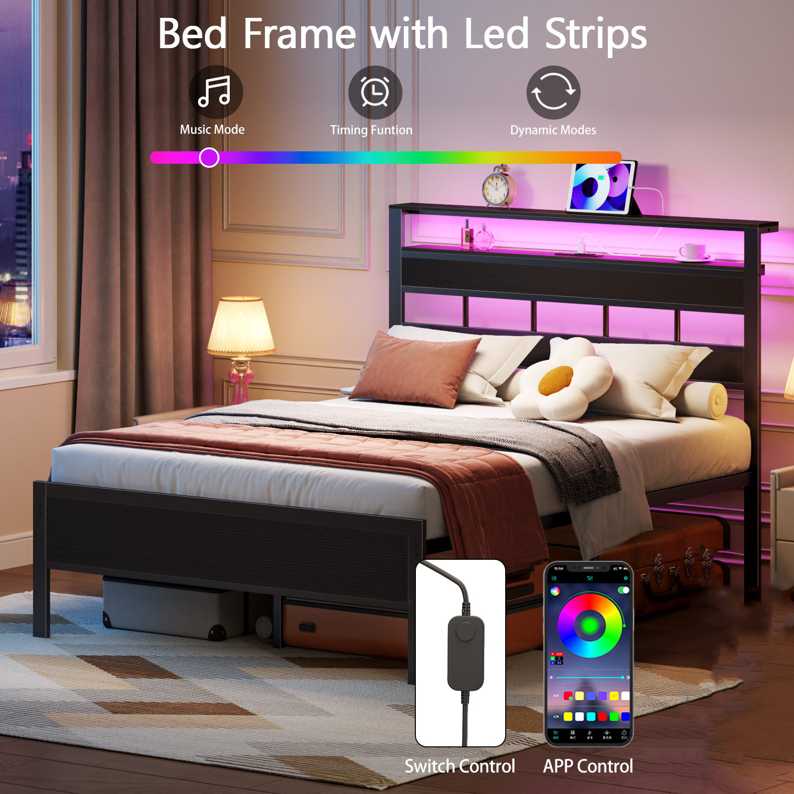 Satifur Full Size Bed Frame with Storage Headboard and LED photo 5