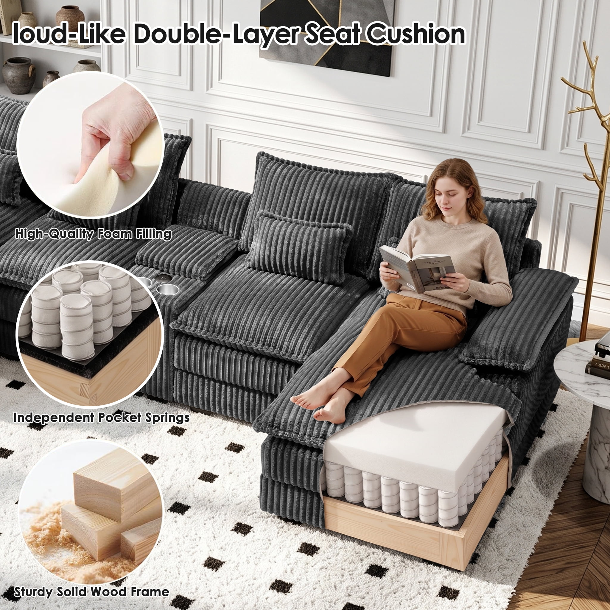 Wakefit 125" U Shaped Sectional Couch, Oversized Modular Sectional Sofa, 5 Seater Corduroy Cloud Couch with Hidden Storage, USB Ports & Cup Holders for Living Room, Dark Gray