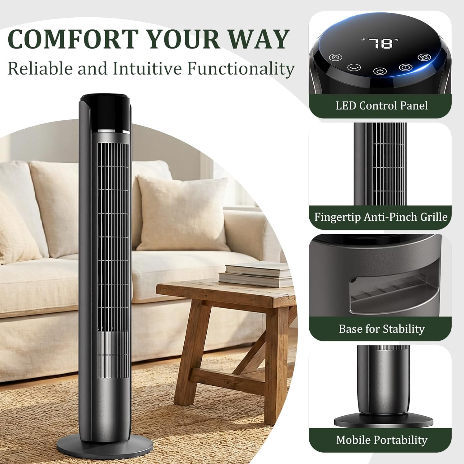 Blazezo Tower Fan With Remote, 60° Oscillating Bladeless Cooling Fan, 28dB Quiet Standing Floor Fan for Bedroom Home Office, 5 Speeds 4 Modes 12H Timer