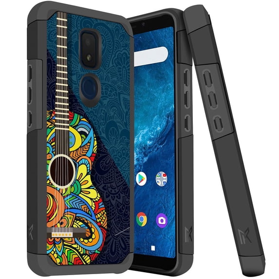 ANJ+ Slim Dual Layer Hybrid Shockproof Case + Tempered Glass Cover for Cricket Icon 3, Splendor, AT&T Motivate 2 - Paisley Guitar