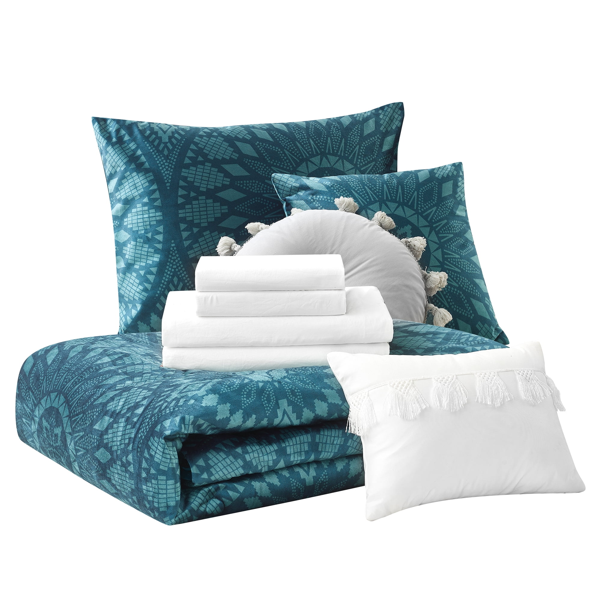 Mainstays Teal Velvet Medallion 10 Piece Bed in a Bag with Sheets and 3 DecPillows, King