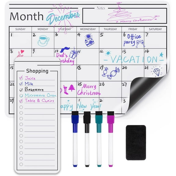 Magnetic Dry Erase Whiteboard Calendar, 12" x 17", Includes 4 Markers And Eraser
