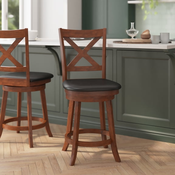 BizChair Commercial Grade Wood Classic Crossback Swivel Counter Height Barstool with Padded Black LeatherSoft Seat, Antique Oak