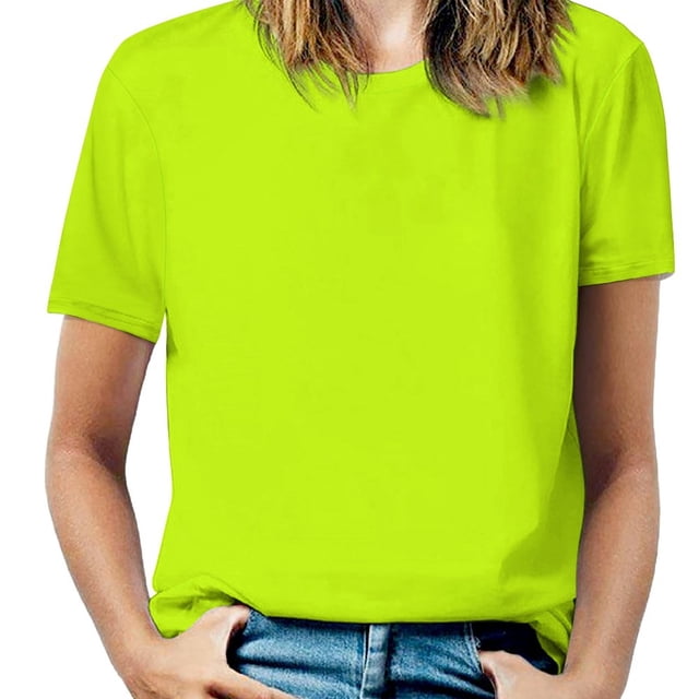 T-Shirt à Manches Courtes à Volants Couleur Unie Vert Néon T-Shirts pour Femmes Mode Décontractée Vert Citron