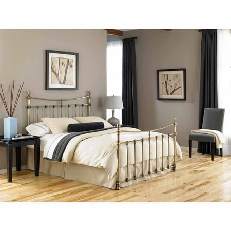 - Leighton Metal Headboard and Footboard Bed Panels with Straight-Lined Spindles and Scalloped Castings, Glazed Brass Finish, Queen