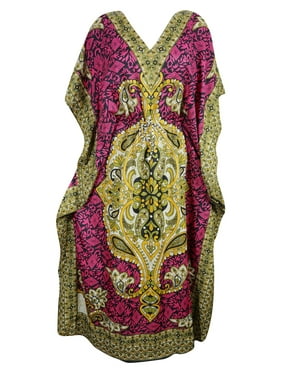 Mogul Womens Maxi Caftan Pink Printed Nightwear Evening Kimono Style Bikini Cover Up Kaftan Dress 4XL