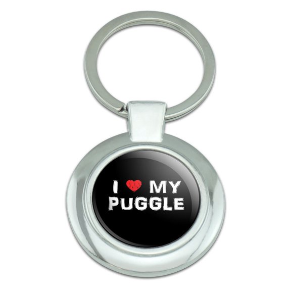 I Love My Puggle Stylish Classy Round Chrome Plated Metal Keychain