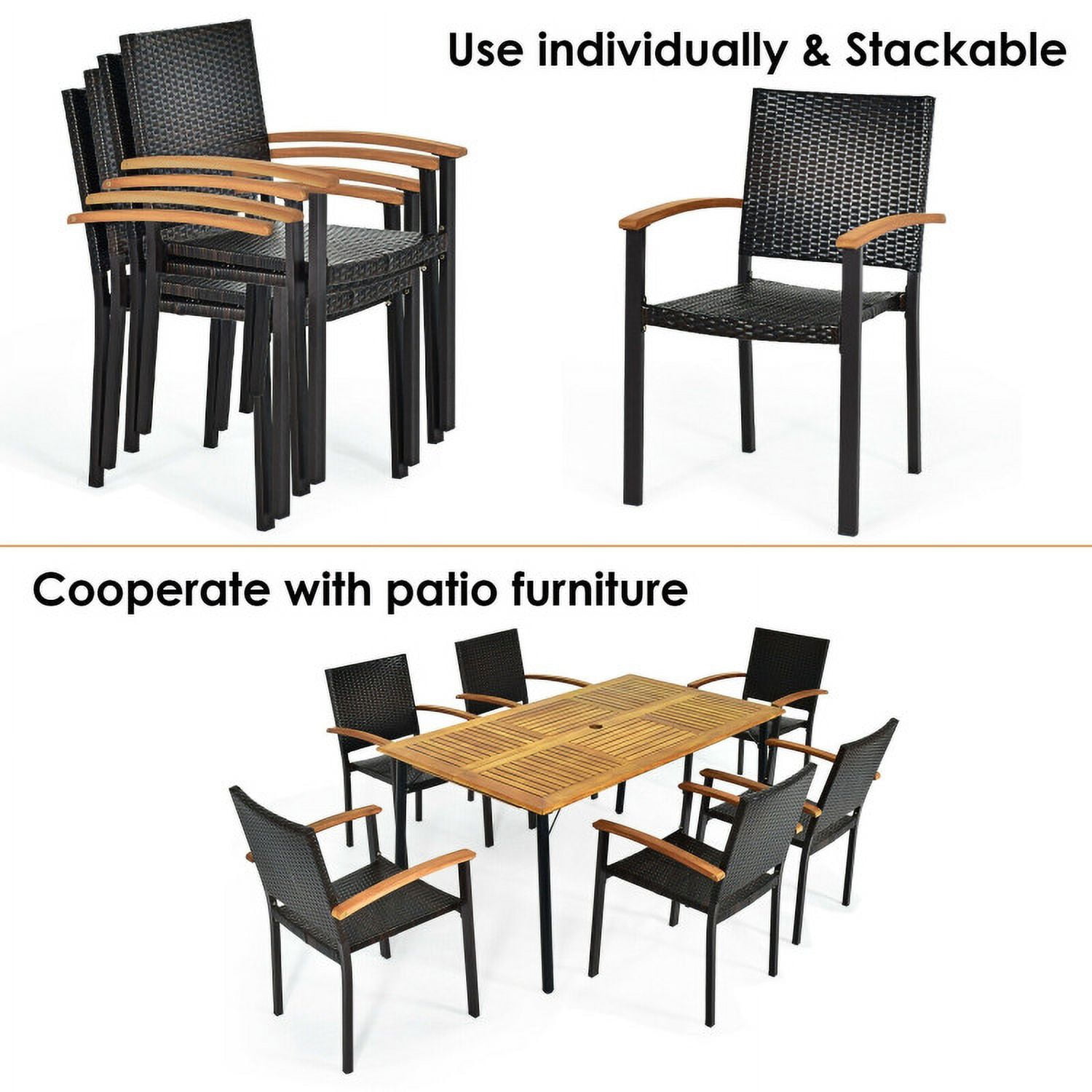 Canddidliike Set of 4 Outdoor Patio PE Rattan Dining Chairs with Powder-coated Steel Frame, Outdoor Stackable Dining Chairs, Comfortable Breathable Garden Outdoor Furniture for Backyard Deck