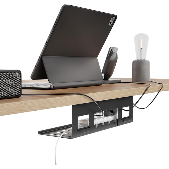 PEGZONE Under Desk Cable Management Tray, 15.7 in Screw-Mount Steel Cable Organizer for Power Strips and Cords, Reversible Installation, Black