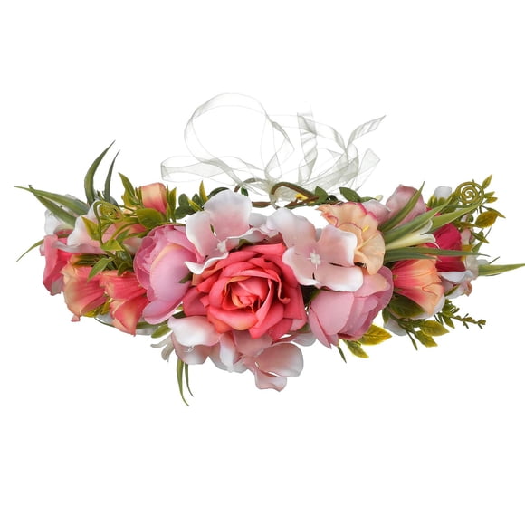 LLinfflr Corona floral para mujer, diadema de flores bohemias, corona para el pelo, tocado de halo floral con cinta, fotos de fiesta de boda, color rosado