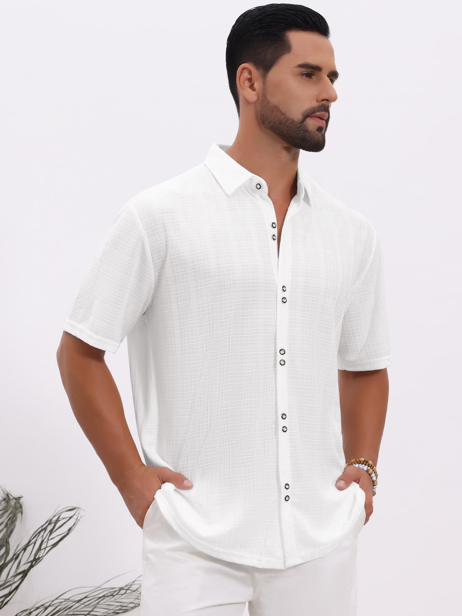 DARING DIVA Men's Texture Short Sleeve Button Down Casual Knitted Shirt M White