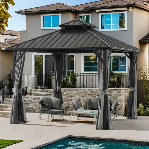 MEWANG 12'x 12'Outdoor Hardtop Gazebo, Metal Double Roof Canopy Gazebo with Curtains and Nettings for Patio,Party.
