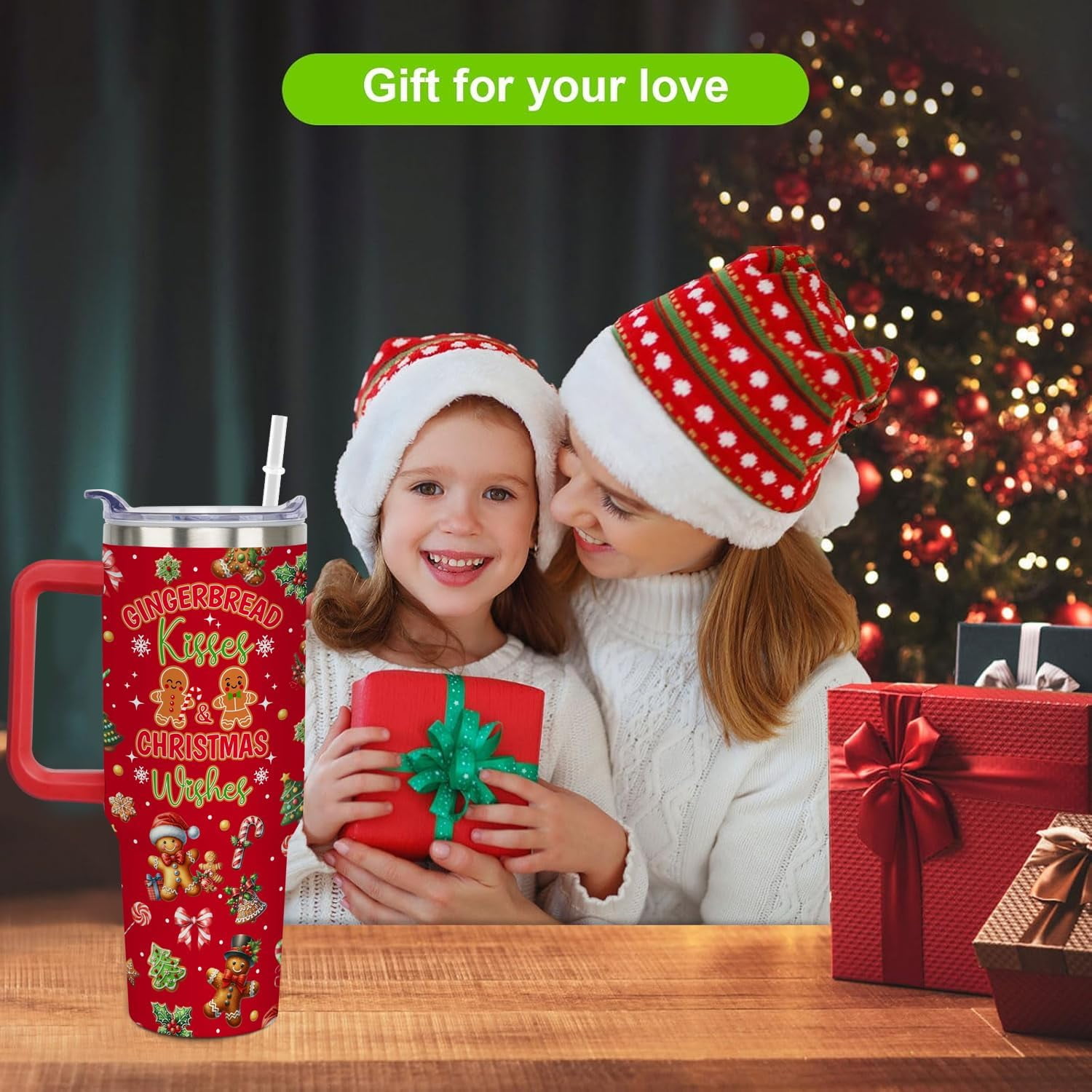 40 oz Gingerbread Christmas Tumbler with Handle Gifts for Women Adults Girls, Stainless Steel Christmas Insulated Tumblers with Lids and Straws, Red