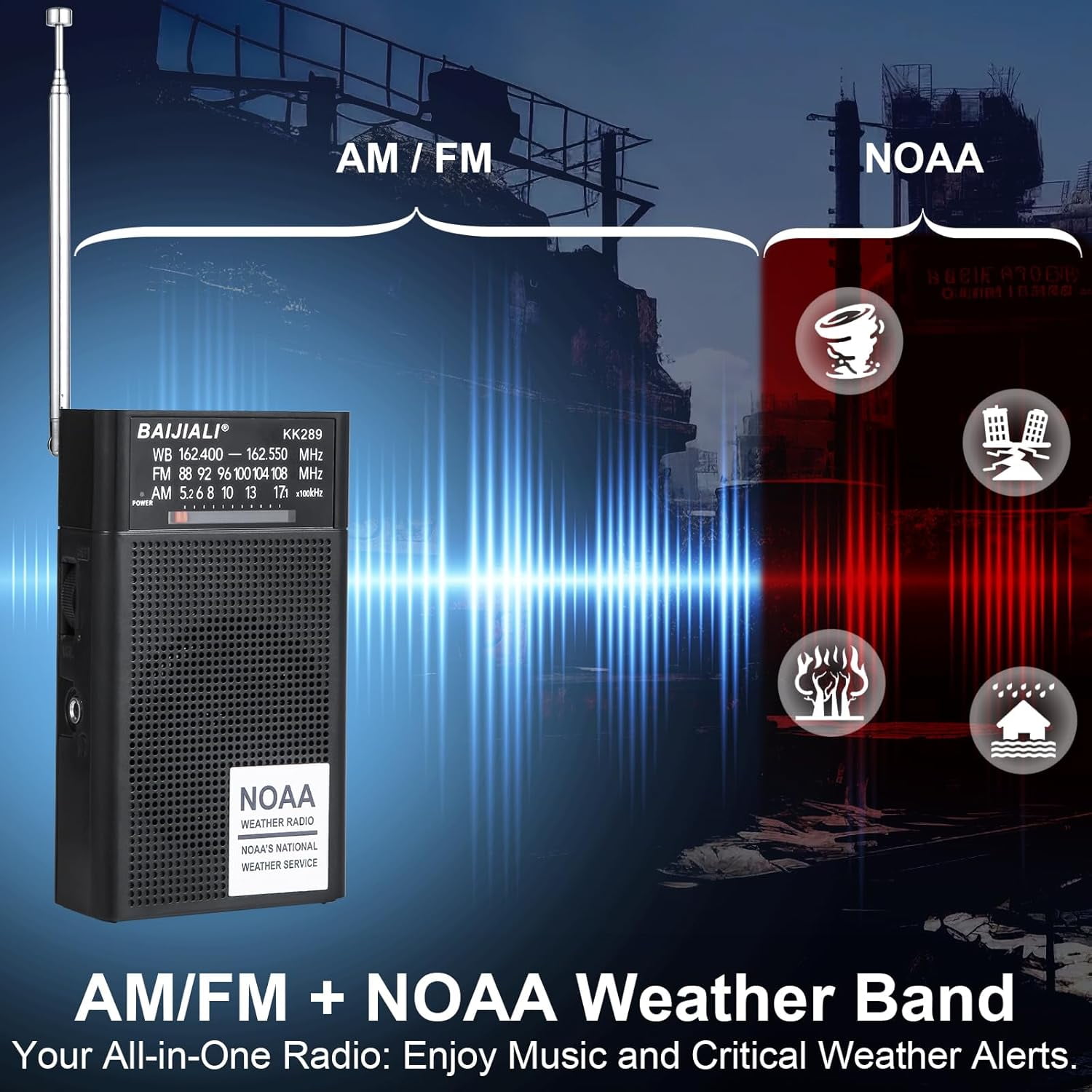 HRTGFD-NOAA Weather Radio with AM/FM, Emergency Portable Radio - Strong Reception, Battery Operated, Headphone Jack for Storms, Hurricanes and Outdoor Activities (Black)