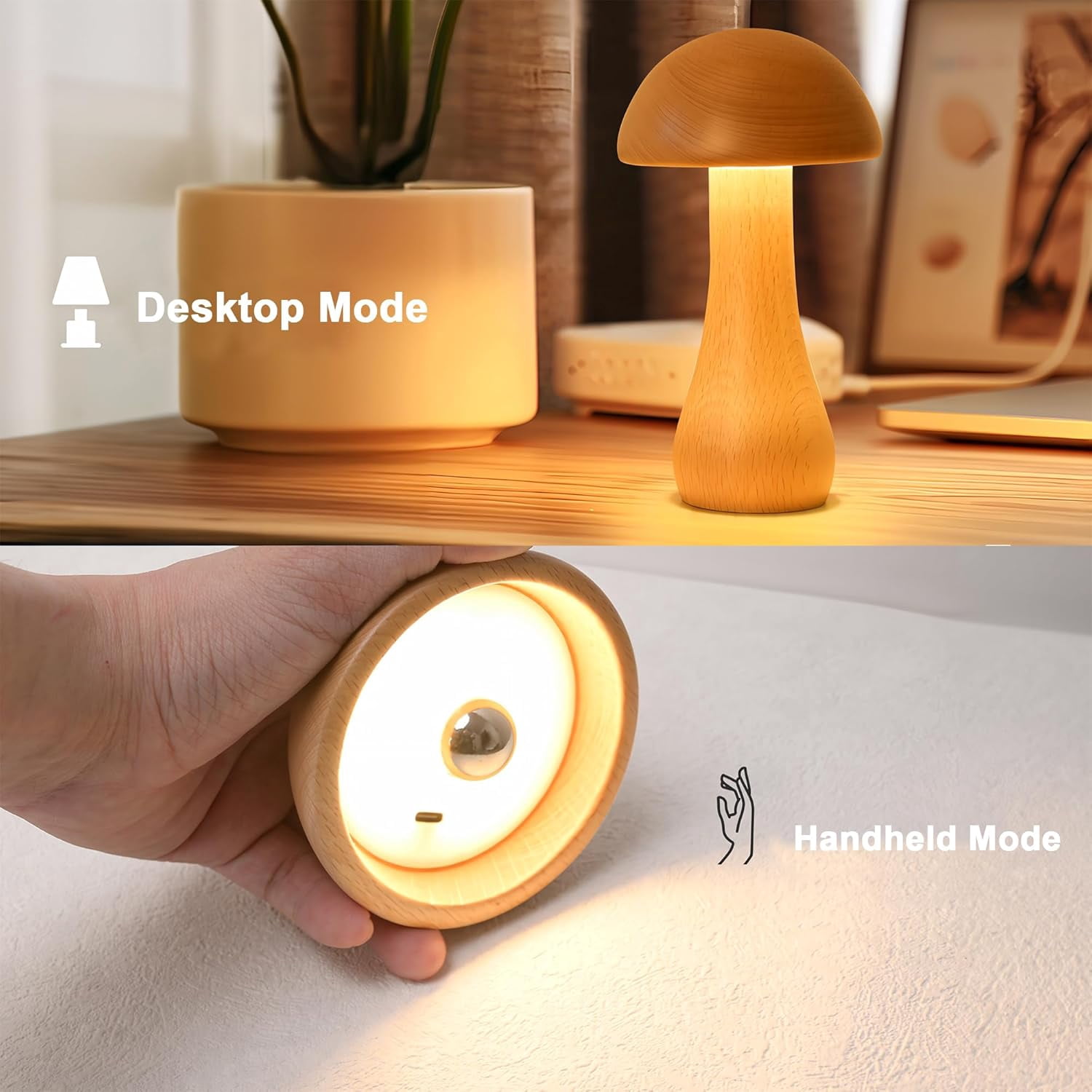 Mushroom Lamp Mushroom Decor:Mushroom Night Light 3 Colors Adjustable Brightness,Wooden Mushroom Light for Bedroom, Living Room and Office Decoration,Rechargeable (A)