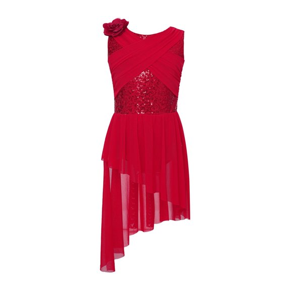 Kids Girls Sequins Lyrical Dance Dress Sheer Overlay Figure Skating Gymnastics Performance Suit
