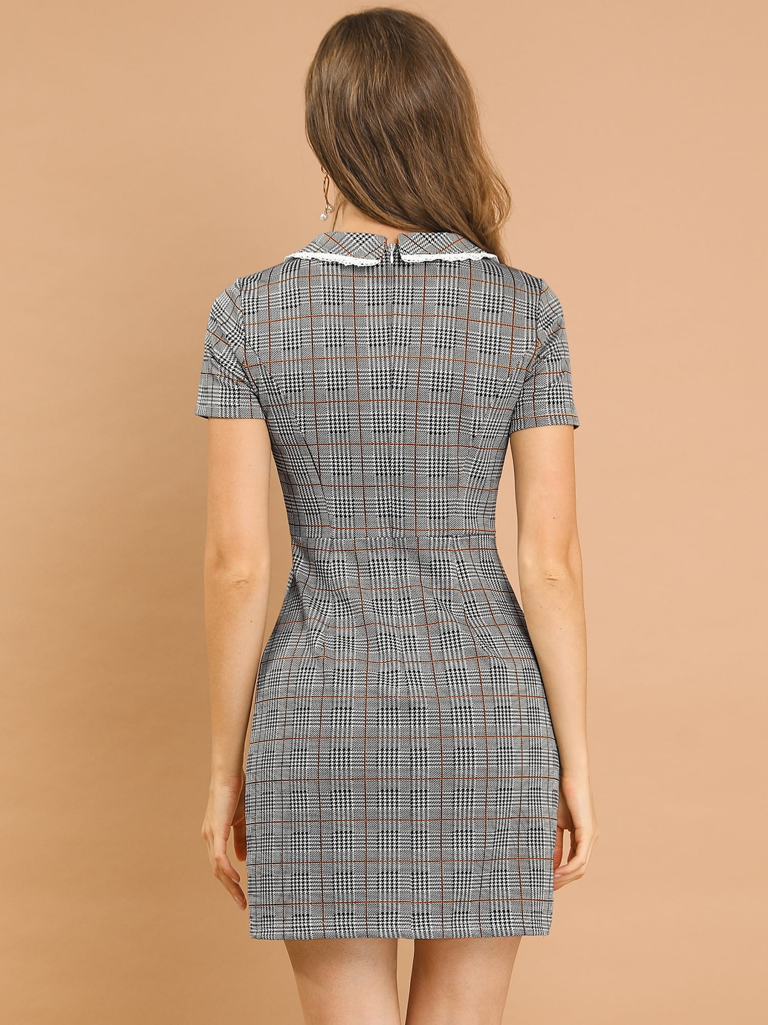 Unique Bargains Women's Contrast Short Sleeve Collar Stretchy Casual Dress S Brown