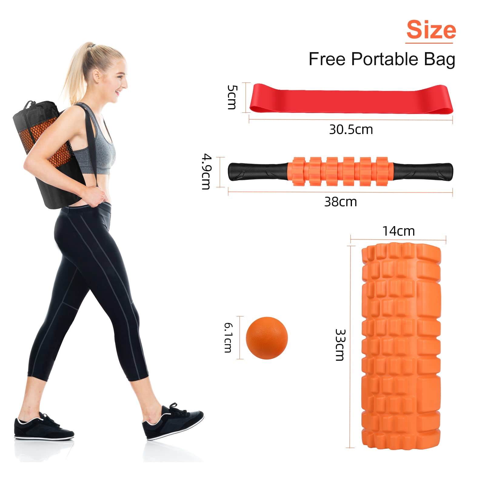 5 In 1 Foam Roller Set Includes Hollow Core Massage  Yoga Stick Ball Fitness Stretching Strap Carrying Bag Towel (orange)