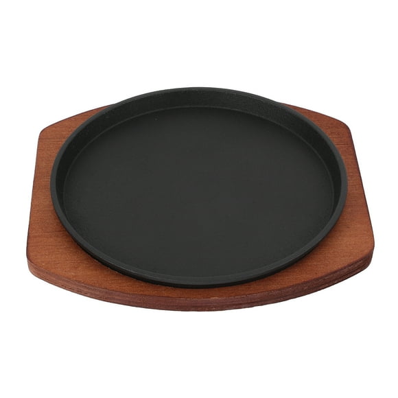 Shisuyan 1 Set Round Cast Iron Skillet Steak Plate Sizzle Griddle Pan With Wooden Base Steak Pan Grill Plate Round Serving Tray For Kitchen Restaurant Barbecue Dinner