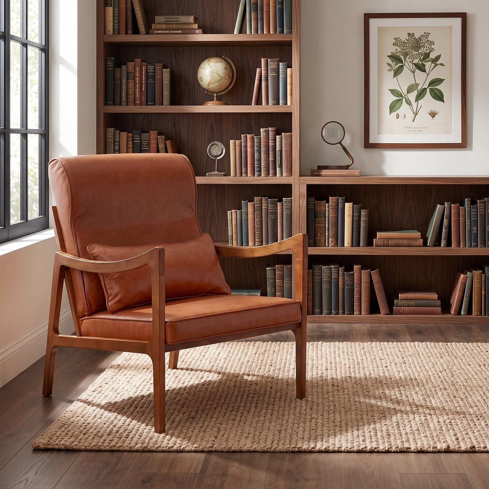 Furnibear Modern Accent Chair, Rubber Wood Faux Leather Upholstered Armchair with Removable Back Seat Cushion & Lumbar Pillow, Padded Living Room Reading Side, Brown