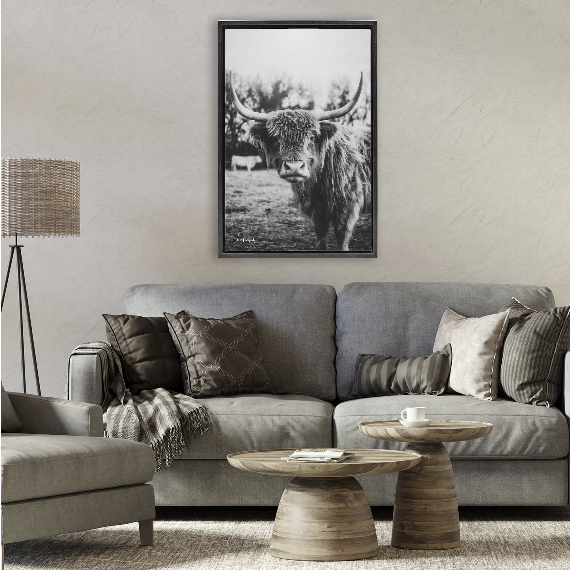 Stupell Industries Peering Highland Cattle Black Framed Floater Canvas Wall Art, design by Dakota Diener