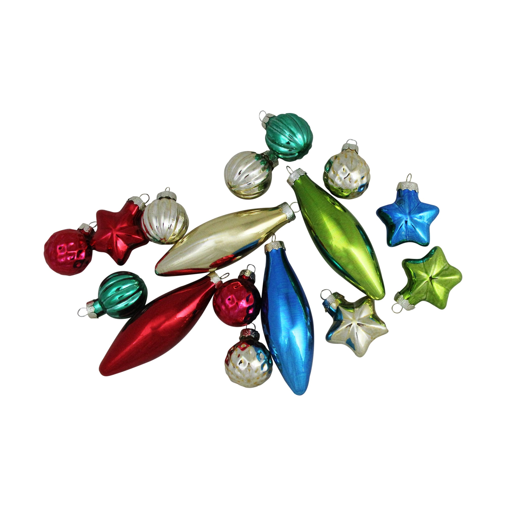 Shiny Shatterproof Finial and Star Christmas Ornaments - 4" (100mm) - Multi - 16ct