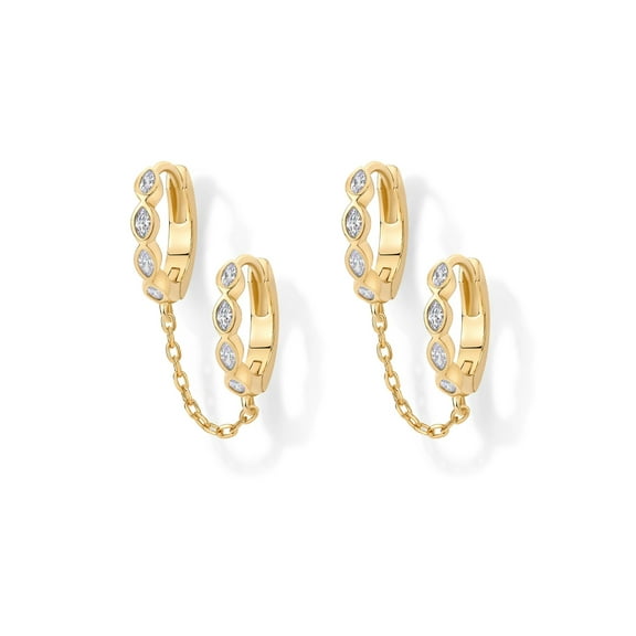 Zhuge Chain Earrings for Women | Double Piercing Dangle Chain Huggie Hoop Earrings | Cubic Zirconia Pearl Stud Ear Cuff Earrings for Women，Golden B