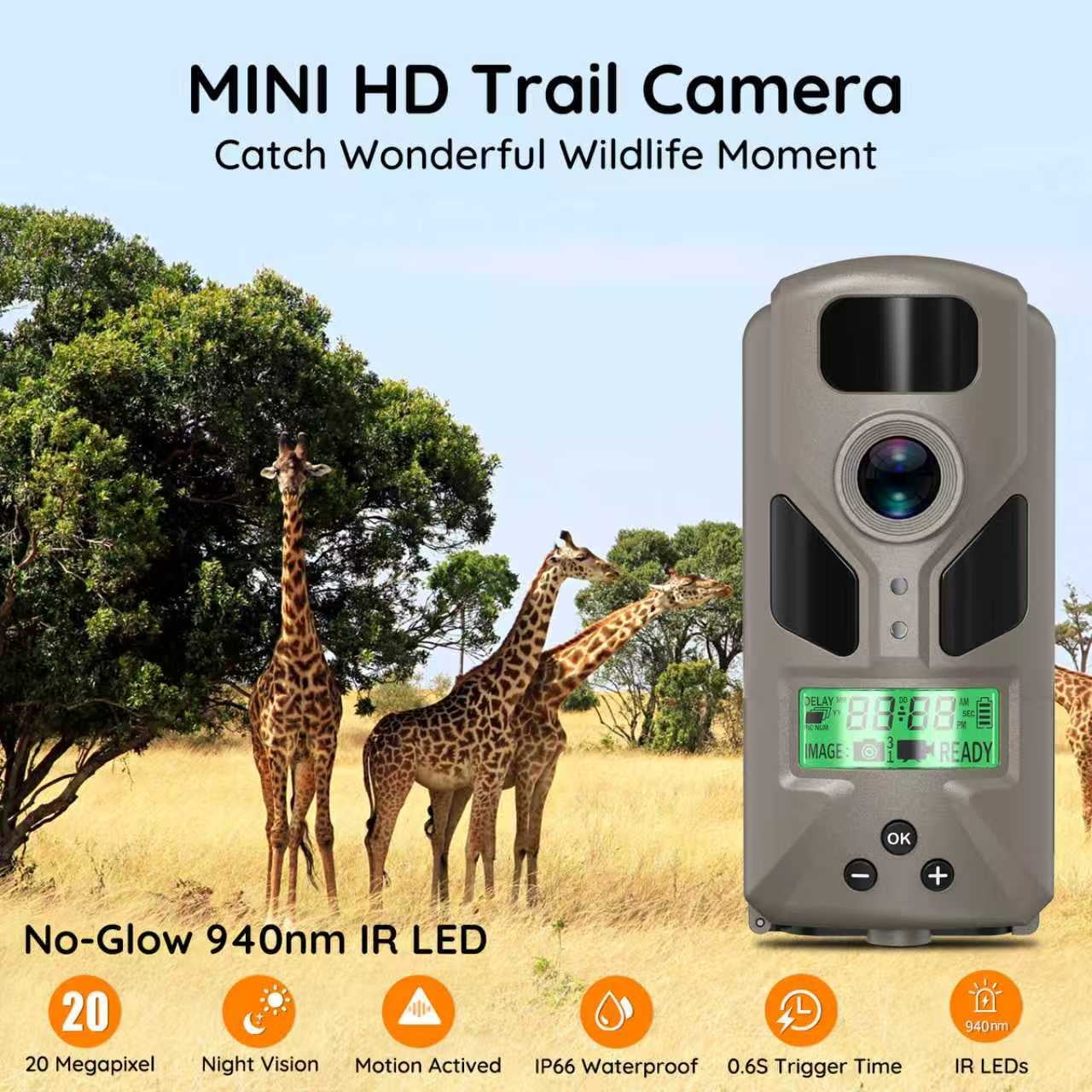 20MP Mini Trail Camera 1080P Hunting Trail Camera with No Glow 940nm Night Vision Motion Activated IP66 Waterproof,80ft Illumination Range Hunting Game Cam for Wildlife Monitoring- Grey