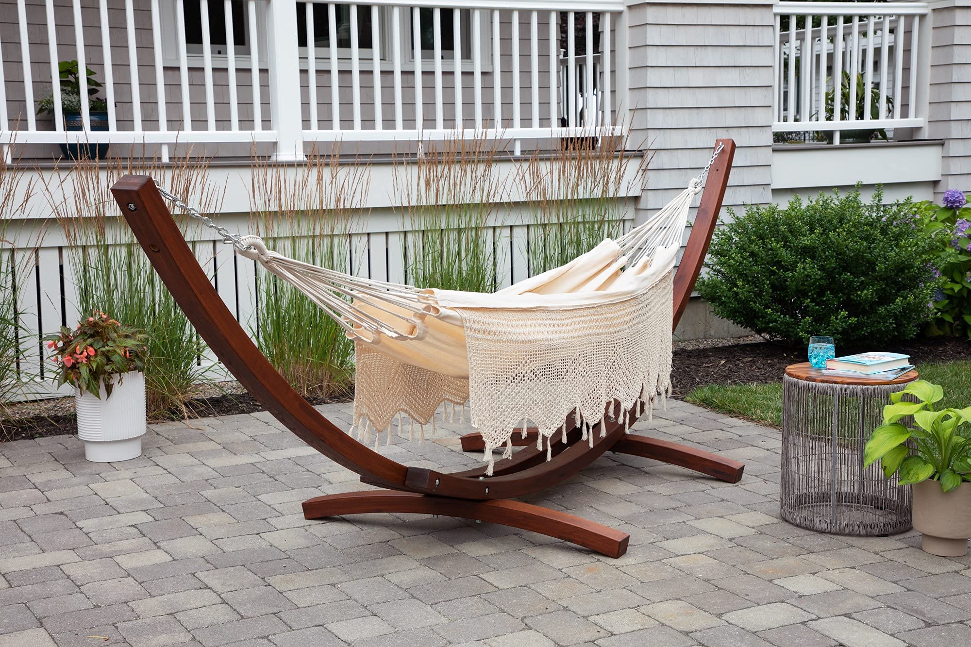Sol Living Bahia Brazilian Patio Hammock Crochet Cotton Hammock Single Hammock for One Person Outdoor Patio Swing Chair Hand Woven Mayan Hammock Use Inside Outside Backyard Decor Porch Swing - Natural