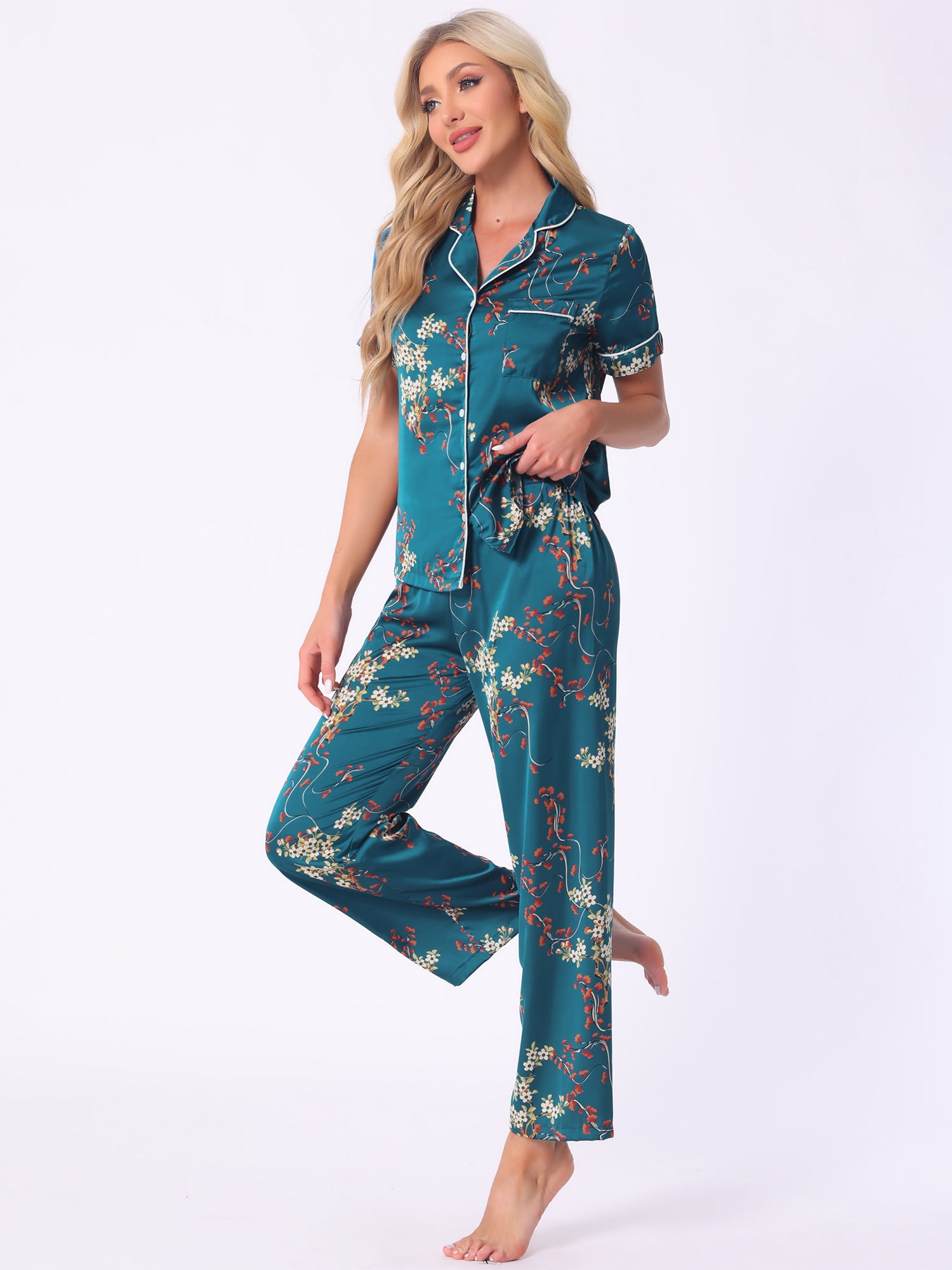 DARING DIVA Women's Silk Short Sleeves Floral Satin Pajama Sets XS Bright Blue