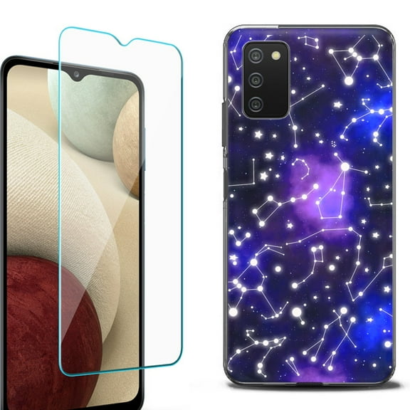 Slim-Fit Protective Fashion Phone Case (Black) for Samsung Galaxy A03s, with Tempered Glass Screen Protector, by OneToughShield ® - Constellations