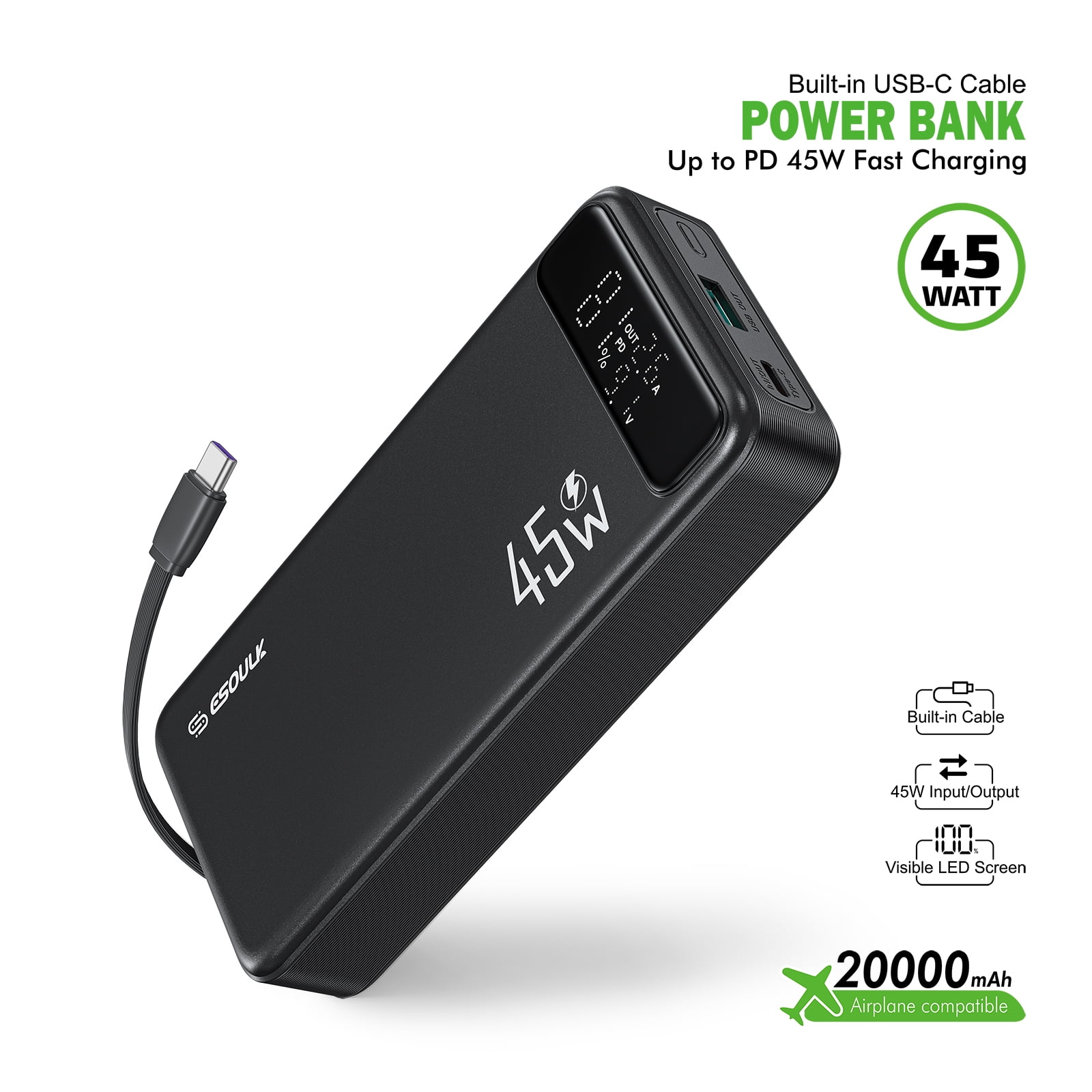 45W 20000mAh Power Bank Battery with Integrated USB-C Charging Cable - Black