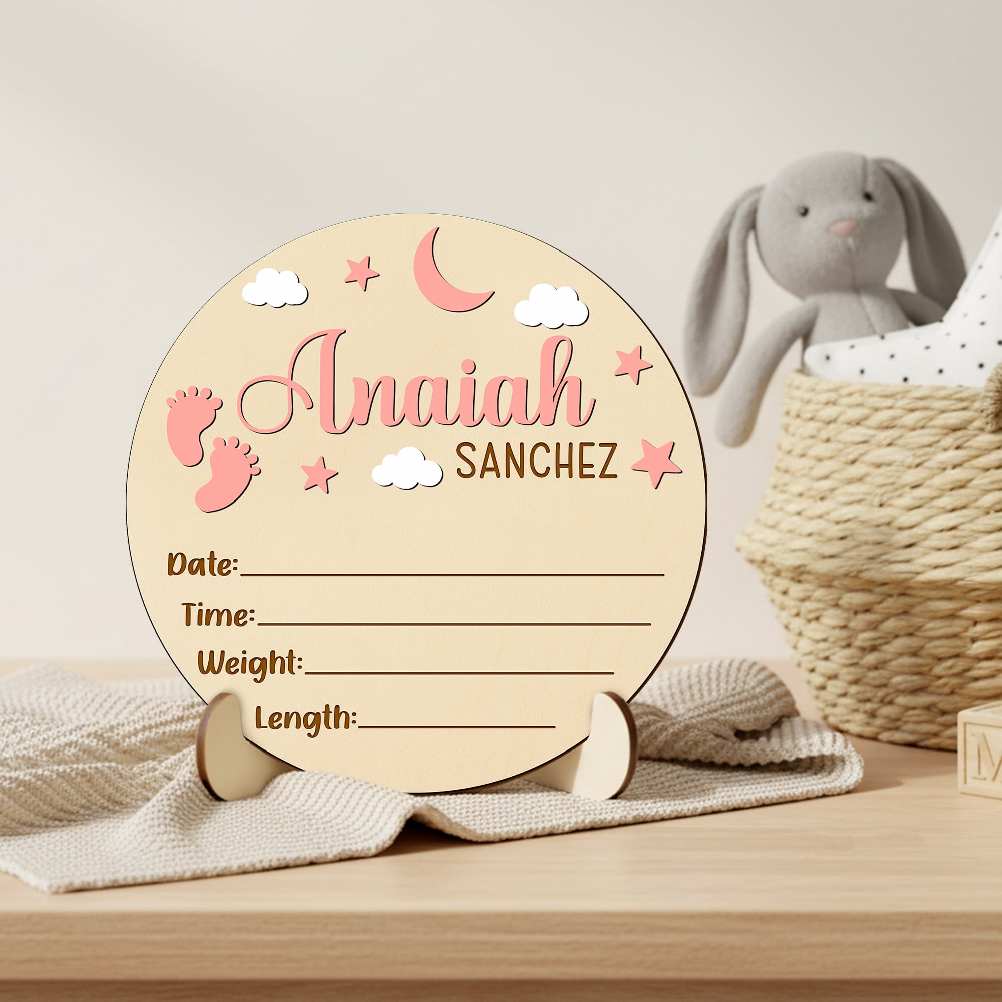 Personalized Baby Birth Name Sign Set, Wooden Nursery Decor with Stand, Custom Newborn Keepsake Gift, Baby Shower & Newborn Announcement