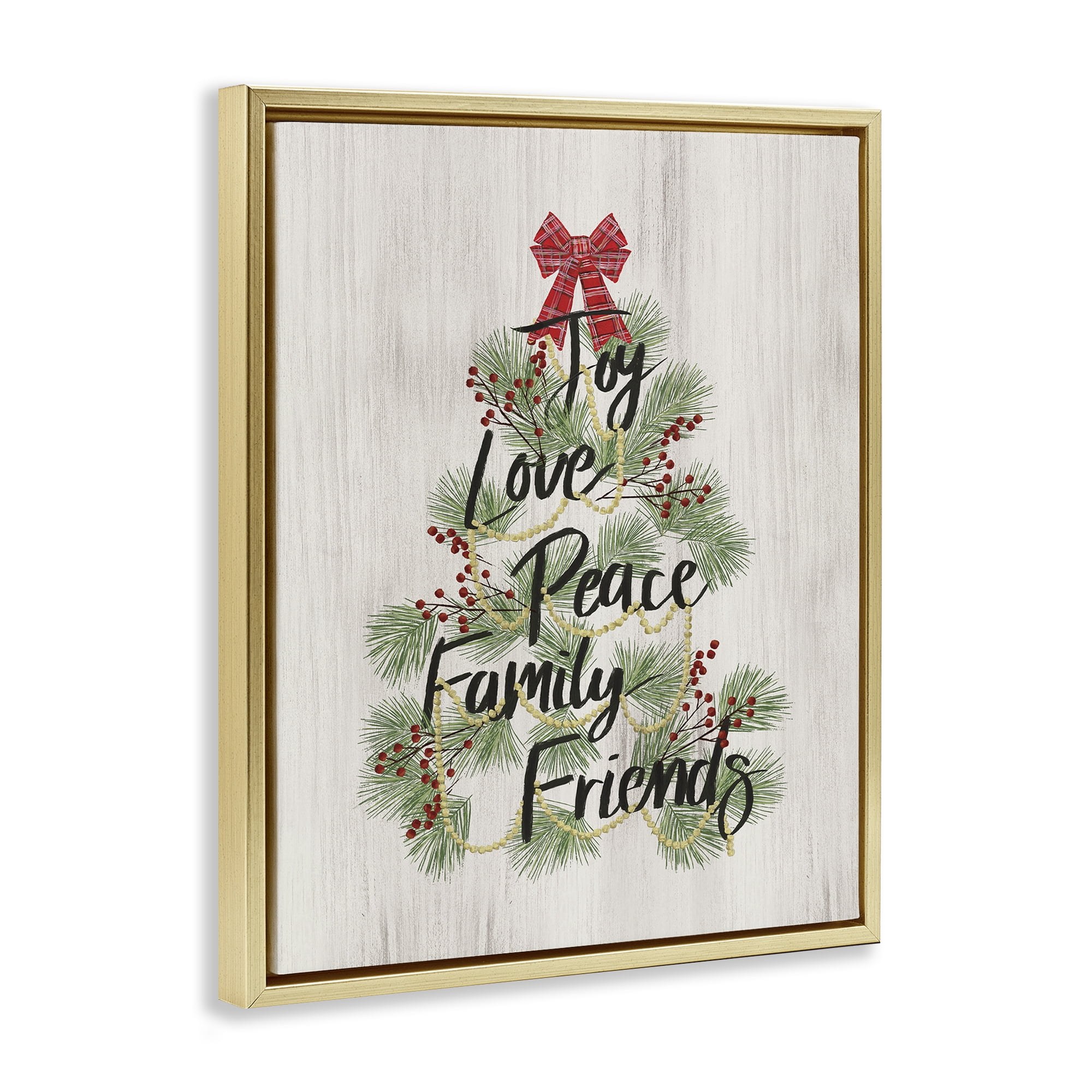 Stupell Industries Family Friends Christmas Tree Holiday Painting Gold Floater Framed Canvas Art Prints Wall Art, 25 x 31