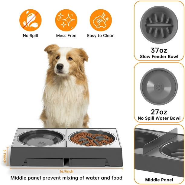 2 in 1 Elevated Dog Bowls Slow Feeder 5 Height Adjustable Raised Dog Bowl Stand No Spill Dog Water Bowl Dispenser Anti Slip Dog Food and Water Bowl for Small Medium Large Dogs Cats and