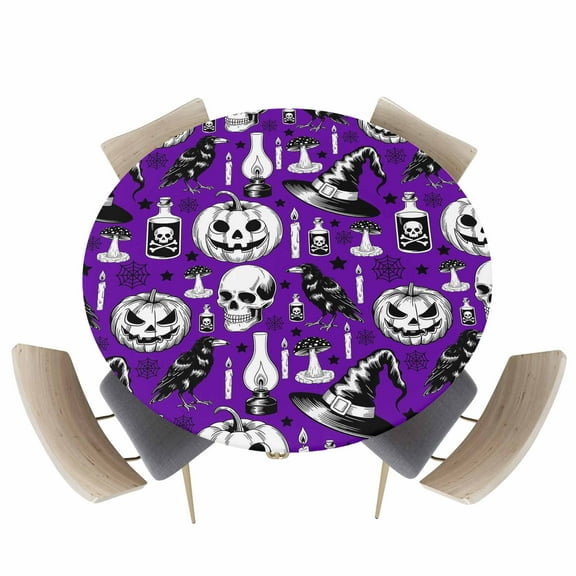 Round Fitted Tablecloths with Elastic Edge Halloween Pumpkin Ghost Face Waterproof Wipeable Table Cover for Kitchen Dining Party Decor Crow Hat Skull Purple White Black Table Clothes,36" - 44"