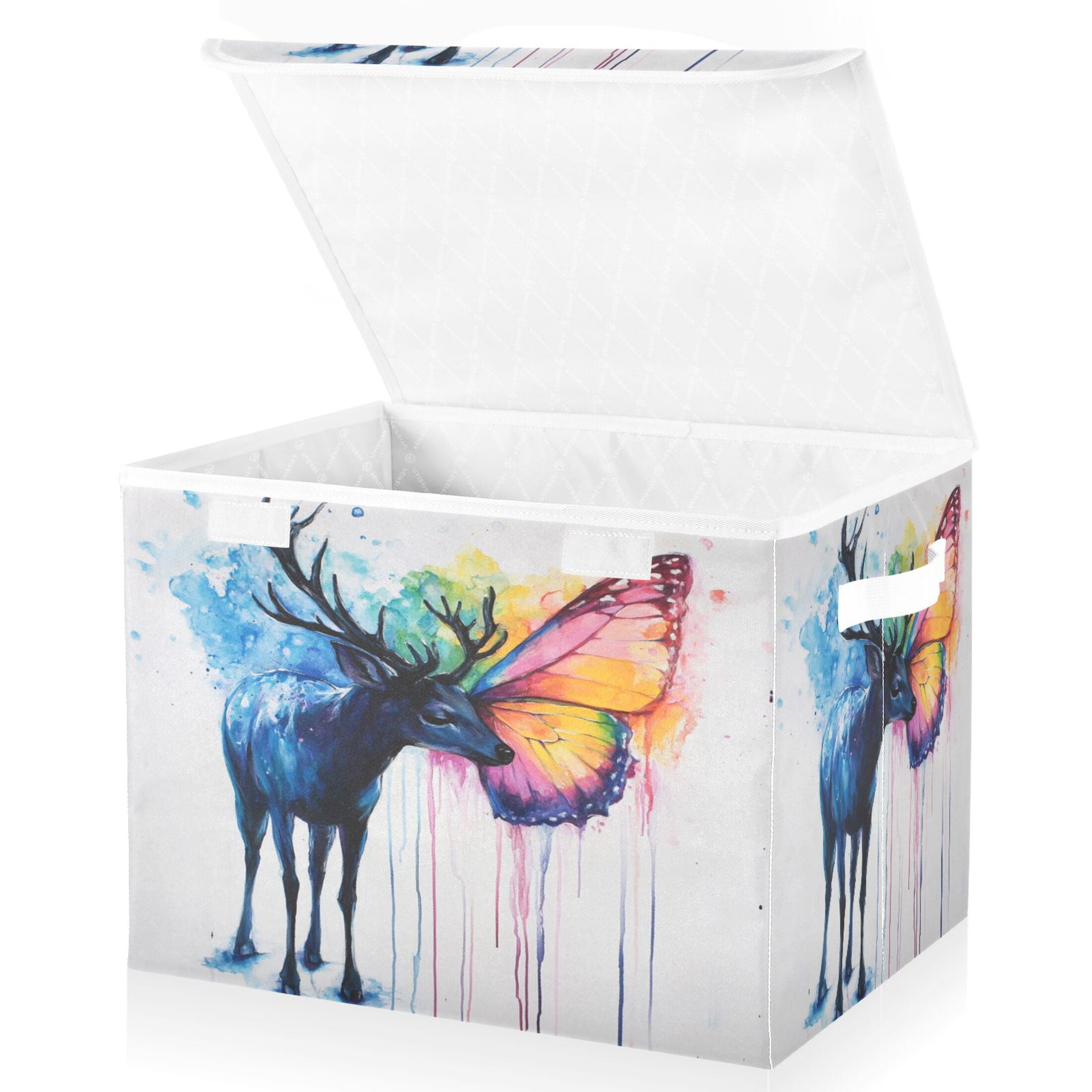 Storage Box With Lid 16.5x12.6x11.8In Foldable Stacked Household Storage Box Color Deer Butterfly Picture