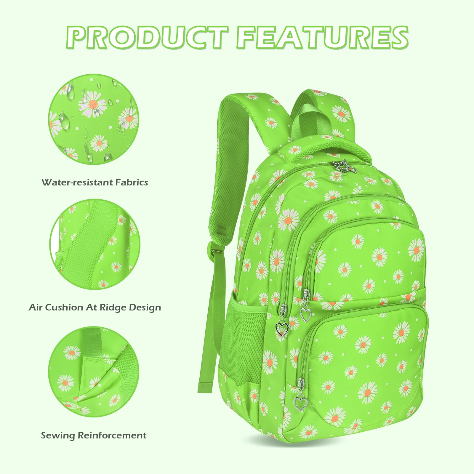 Forestfish Teen Backpack Set with Insulated Lunch Bag & Pencil Case, Water-Resistant Nylon School Bag（Daisy A/Fluorescent Green）