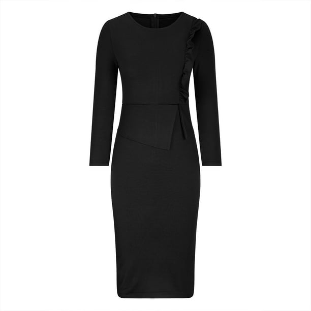 bodycon dress modest Modest Neckline Elbow-Length Sleeves Fitted Layering Dress Black / Large main image 1